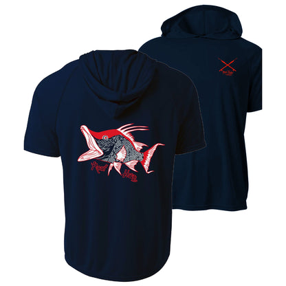 Navy Hogfish Reef Hog dri-fit 50+ sun protection short sleeve hoodie