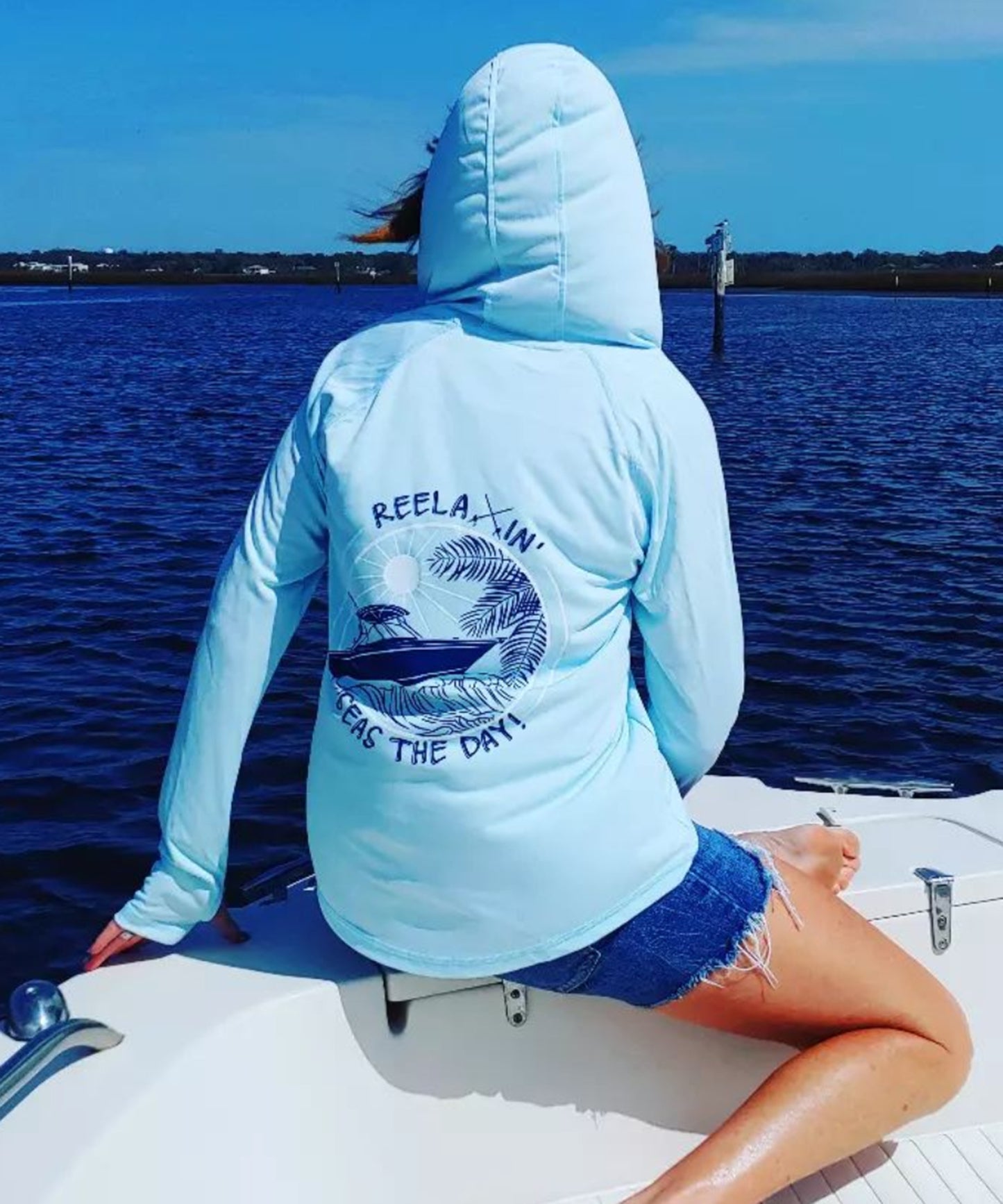 Ladies Artic Blue Reelaxin' Hoodie Performance Dry-Fit Fishing Long Sleeve Shirts, 50+ UPF Sun Protection - Reel Fishy Apparel