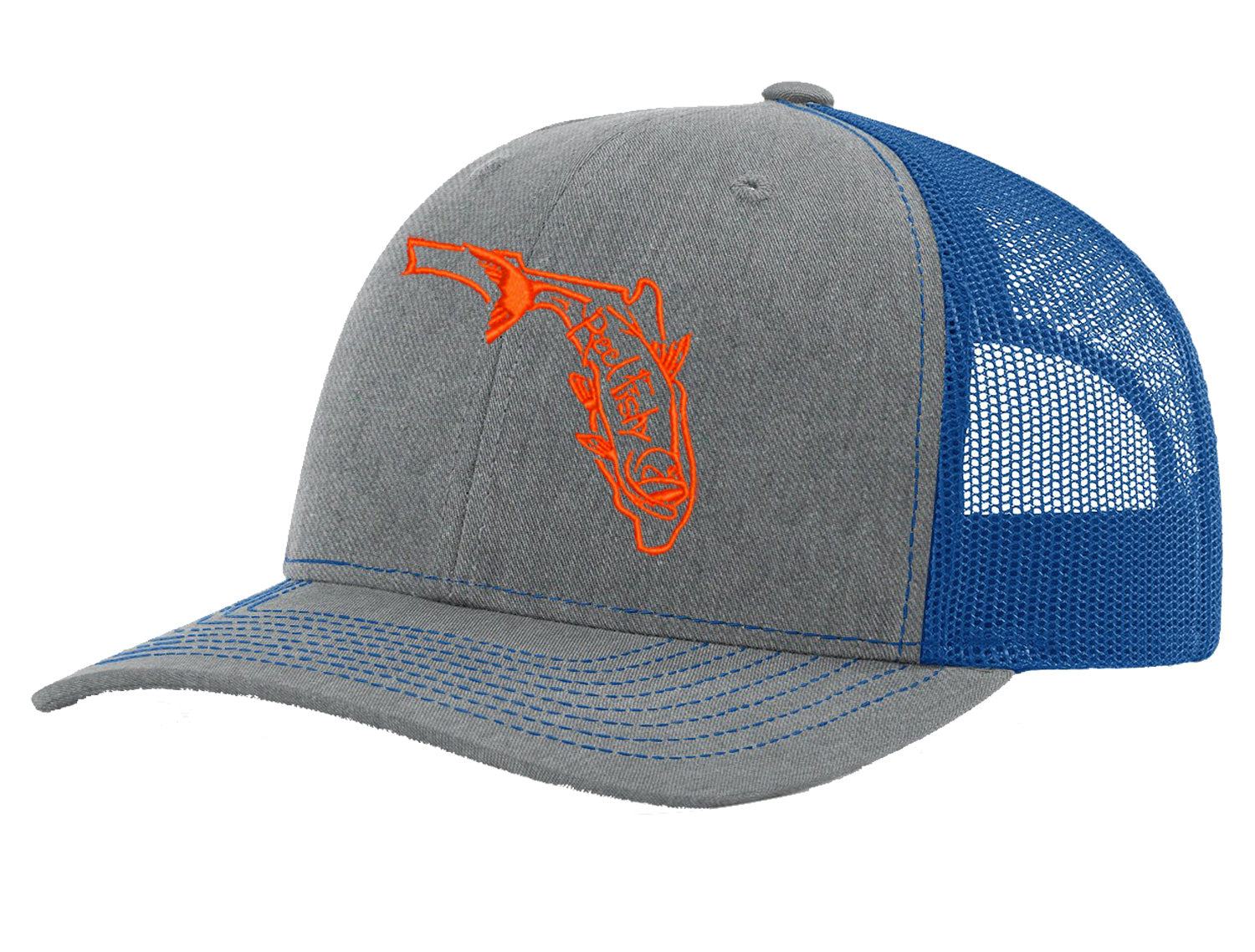 State of Florida Tarpon Reel Fishy Logo - Heather Gray/Royal Trucker Hat w/Orange Tarpon Logo
