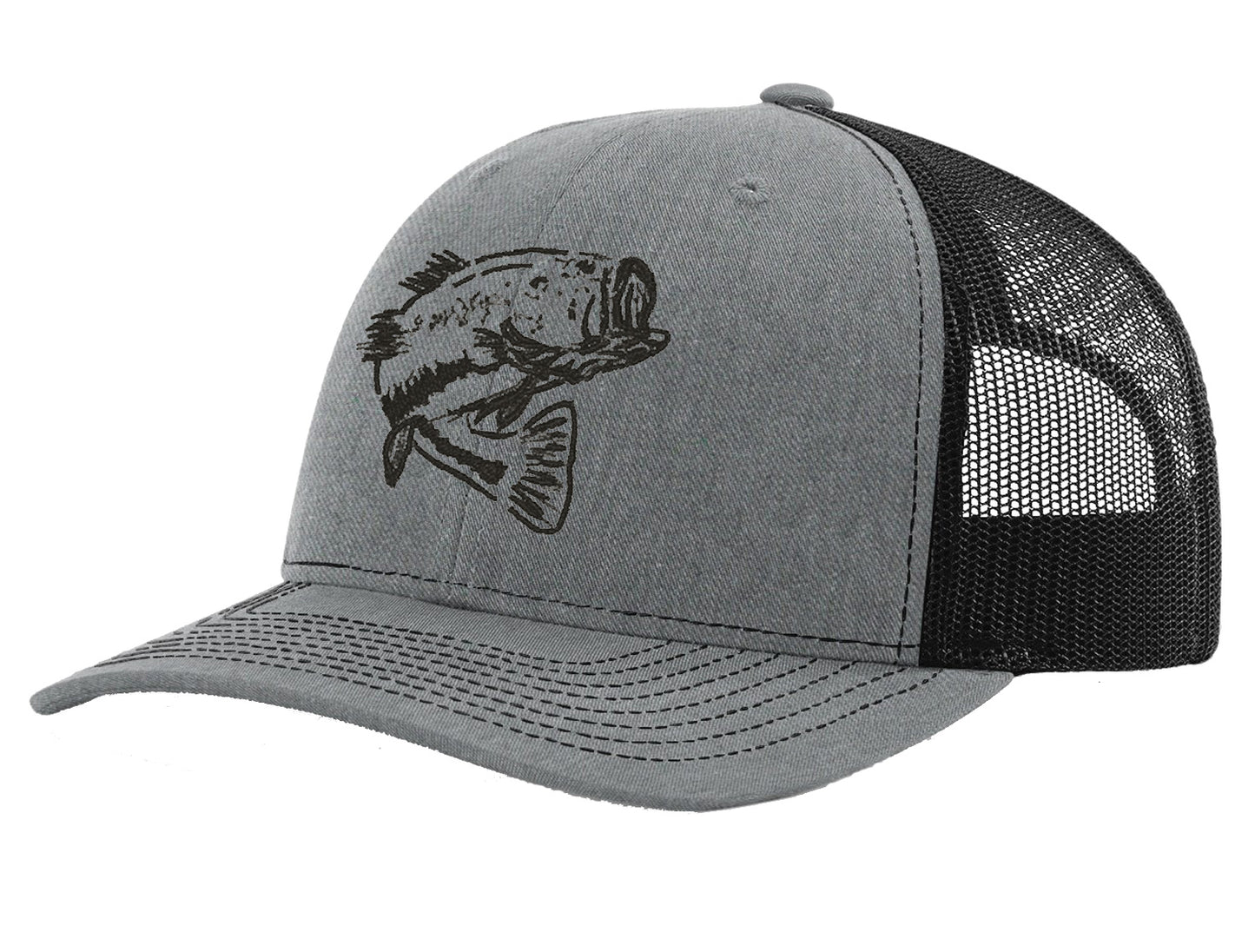 New Bass "Reel Hawg" Structured Trucker Hat - Hthr Gray/Black Mesh - Black Bass logo