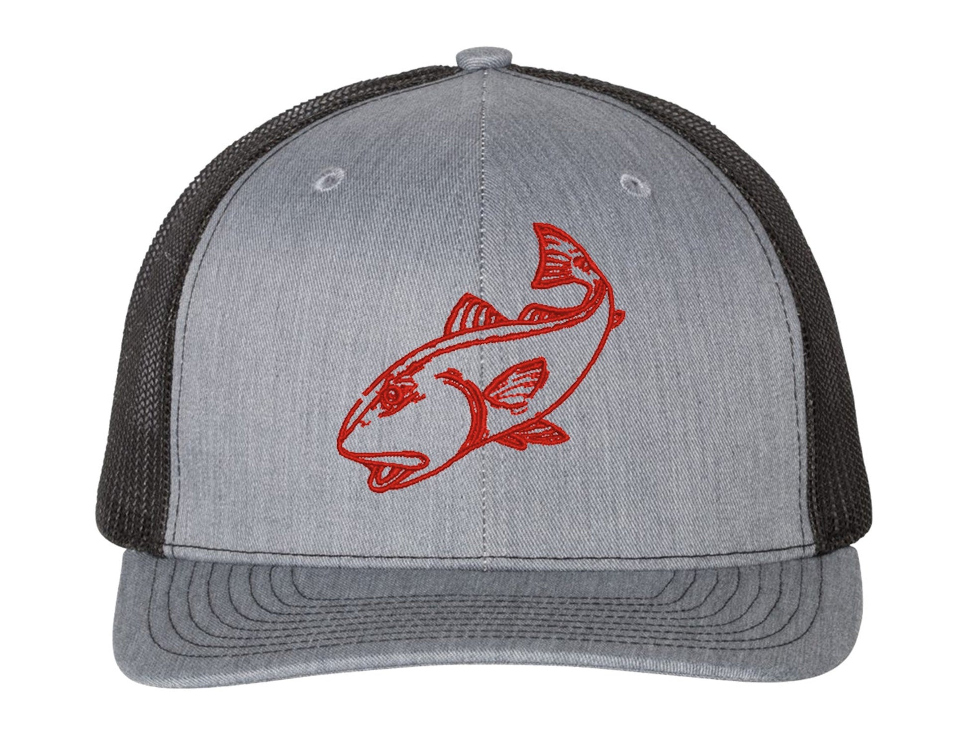 Redfish Fishing Trucker Snapback Hats by Reel Fishy Apparel -*9 Colors! Hthr Gray/Red