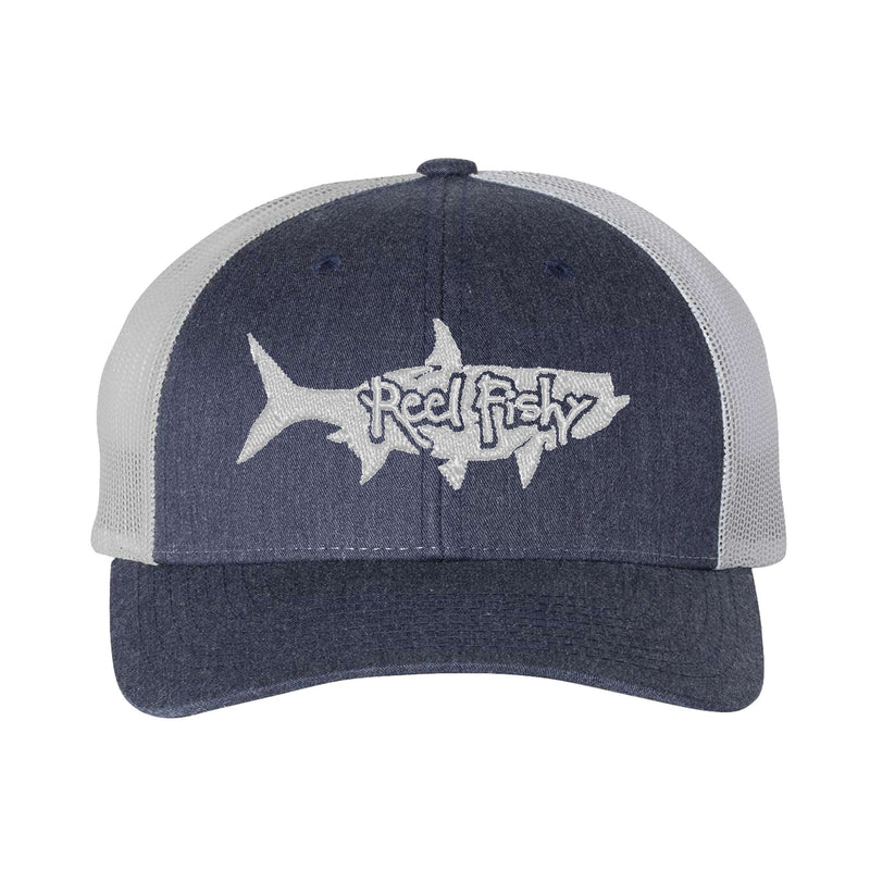 Heather Navy/White Trucker hat with White Tarpon Logo