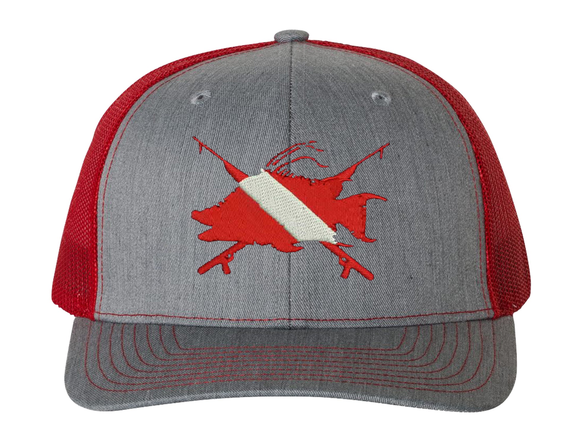 Hogfish Dive Spears Structured Trucker Snapback Hats - *9 Colors! Hthr Gray/Red Mesh