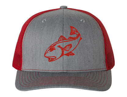 Redfish Hthr Gray/Red mesh Structured Trucker Hat with Red Logo