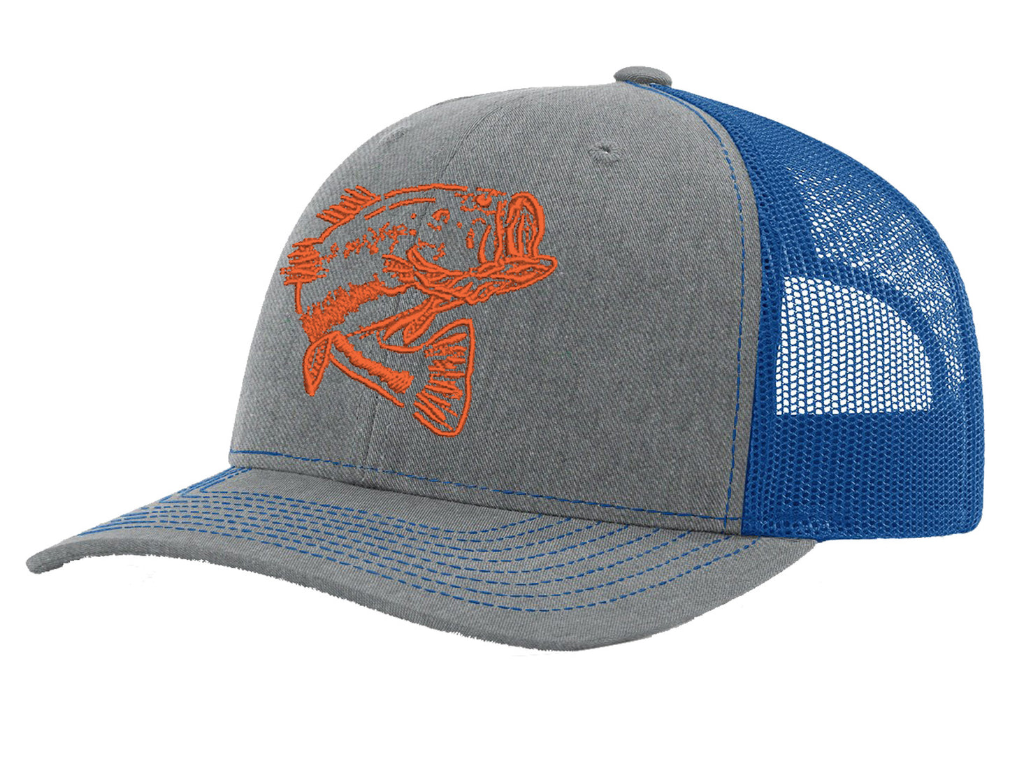Bass Fishing Reel Hawg Structured Trucker Hats - *22 Colors! Hthr Gray/Royal - Orange Bass