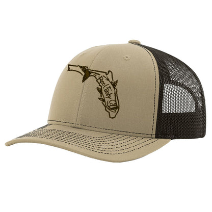State of Florida Tarpon Trucker Hat in Khaki and Brown mesh by Reel Fishy.