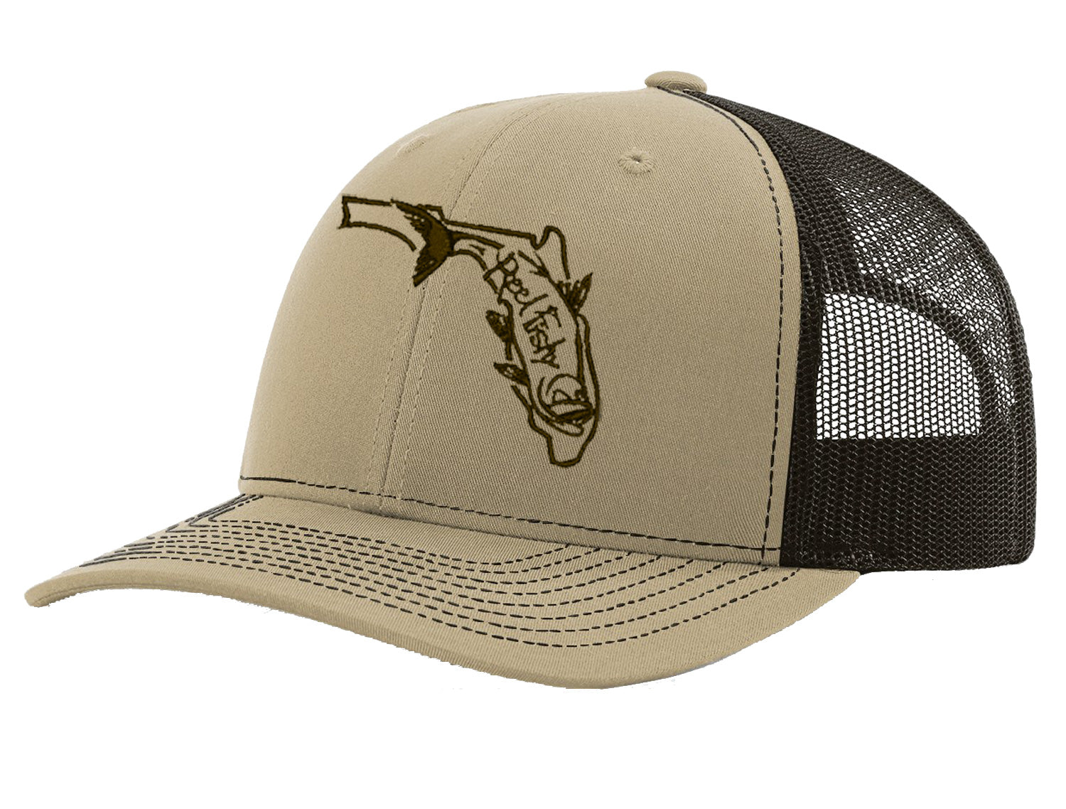 Tarpon Fishing Trucker Hat, Florida Logo Snapback Trucker Cap, Fishing Hat Khaki w/Brown Logo