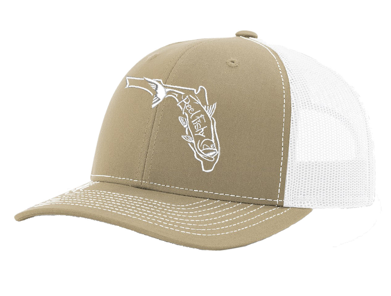 State of Florida Tarpon Reel Fishy Logo - Khaki/White Trucker hat w/White Logo