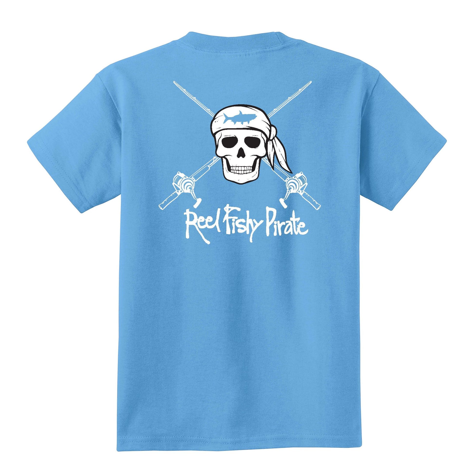 Youth aquatic blue Reel Fishy t-shirt with Pirate Skull and fishing rods design