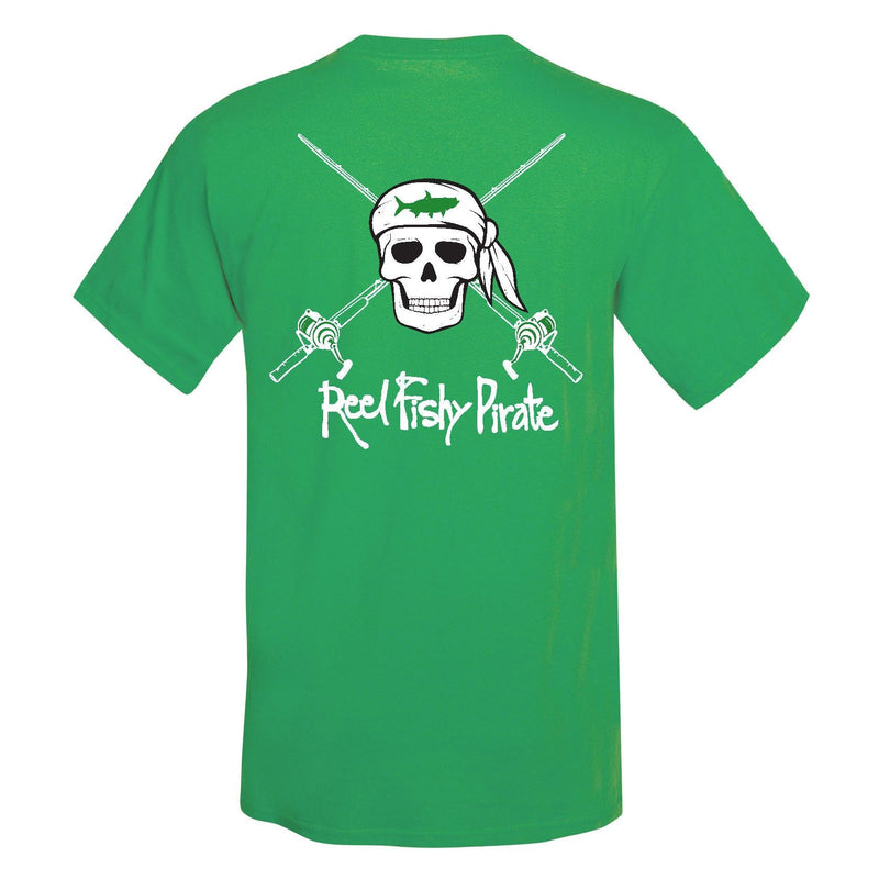 Youth kelly green Reel Fishy t-shirt with Pirate Skull and fishing rods design