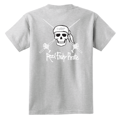 Youth light gray Reel Fishy t-shirt with Pirate Skull and fishing rods design