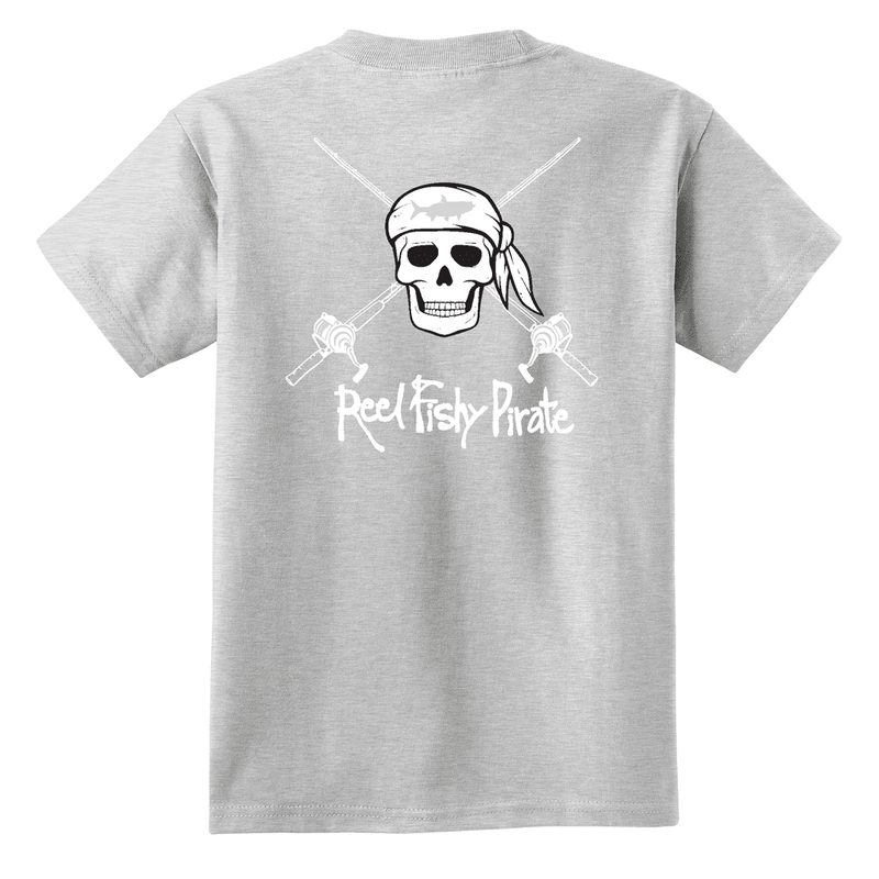 Youth light gray Reel Fishy t-shirt with Pirate Skull and fishing rods design