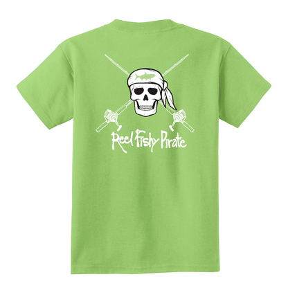 Youth lime green Reel Fishy t-shirt with Pirate Skull and fishing rods design