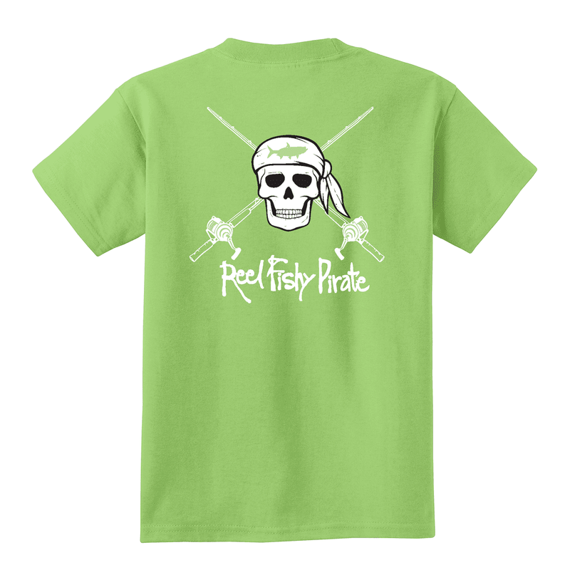 Youth lime green Reel Fishy t-shirt with Pirate Skull and fishing rods design