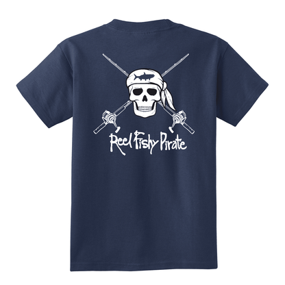 Youth navy Reel Fishy t-shirt with Pirate Skull and fishing rods design