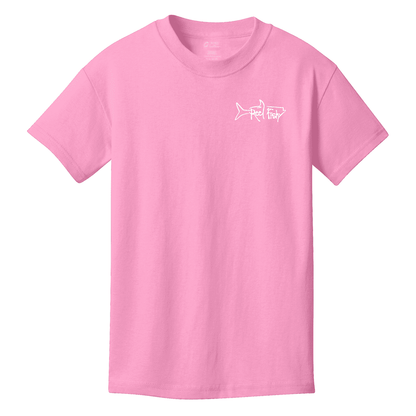 Youth pink Reel Fishy t-shirt with Pirate Skull and fishing rods design (front)