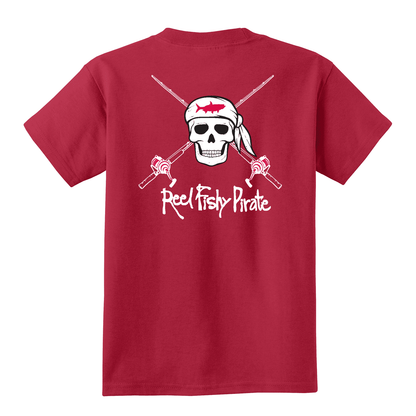 Youth red Reel Fishy t-shirt with Pirate Skull and fishing rods design
