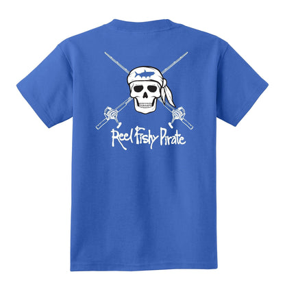 Youth royal blue Reel Fishy t-shirt with Pirate Skull and fishing rods design