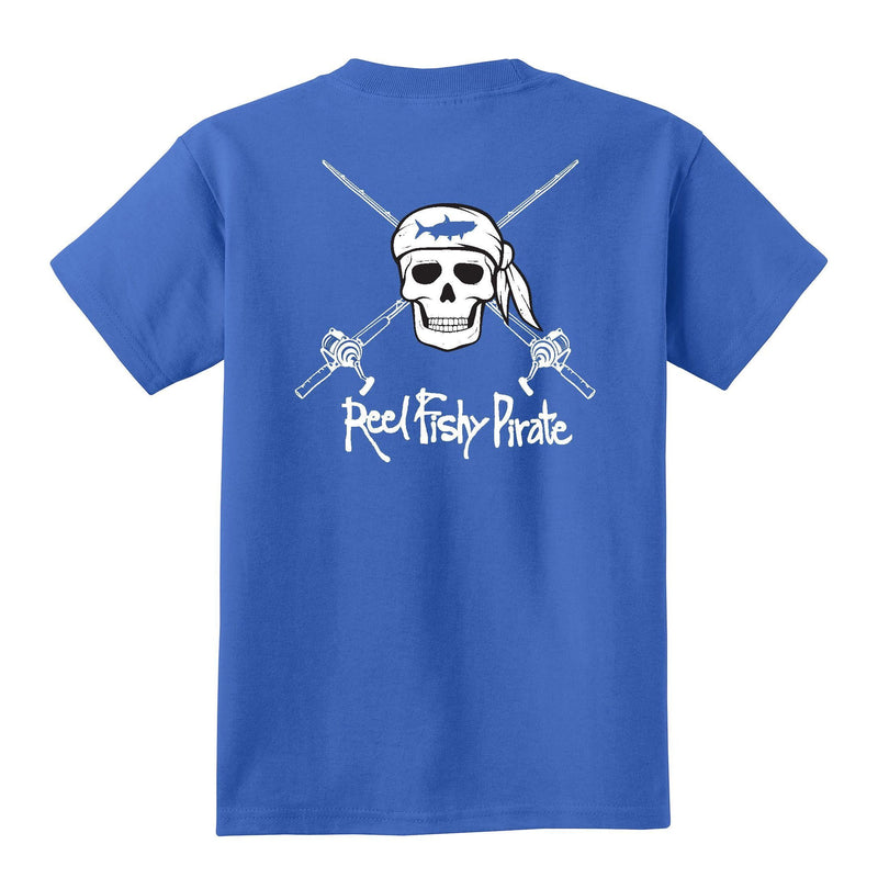 Youth royal blue Reel Fishy t-shirt with Pirate Skull and fishing rods design