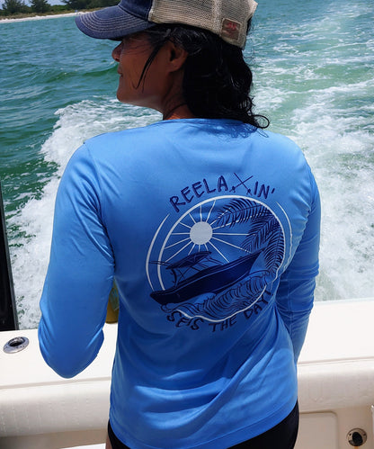 Ladies Light Blue Reelaxin' V-neck Performance Dry-Fit Fishing Long Sleeve Shirts, 50+ UPF Sun Protection - Reel Fishy Apparel