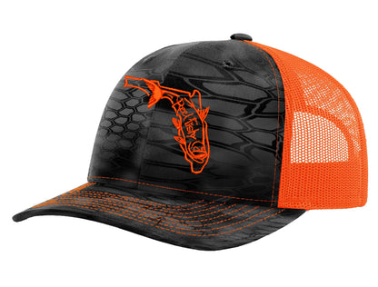 Kryptek Typhon/Orange Trucker Hat - State of Florida Reel Fishy Tarpon logo