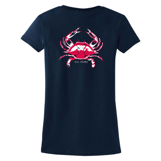 Women's Crab "Reel Crabby" V-neck cotton tee in Navy