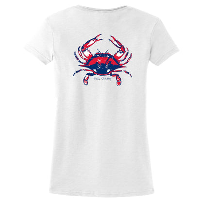 Women's Crab "Reel Crabby" V-neck cotton tee in White