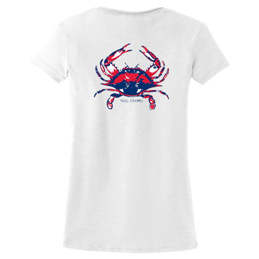 Women's Crab "Reel Crabby" V-neck cotton tee in White