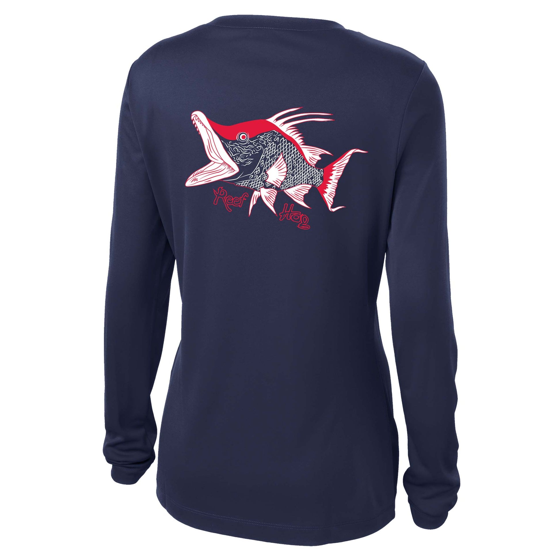 Ladies navy v-neck long sleeve Hogfish "Reef Hog" Dry-fit shirt