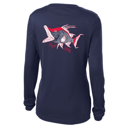 Ladies navy v-neck long sleeve Hogfish "Reef Hog" Dry-fit shirt