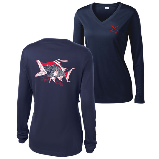 Ladies navy v-neck long sleeve Hogfish "Reef Hog" Dry-fit shirt