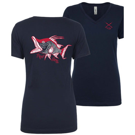 Women's Hogfish "Reef Hog" cotton V-neck short sleeve tees in navy