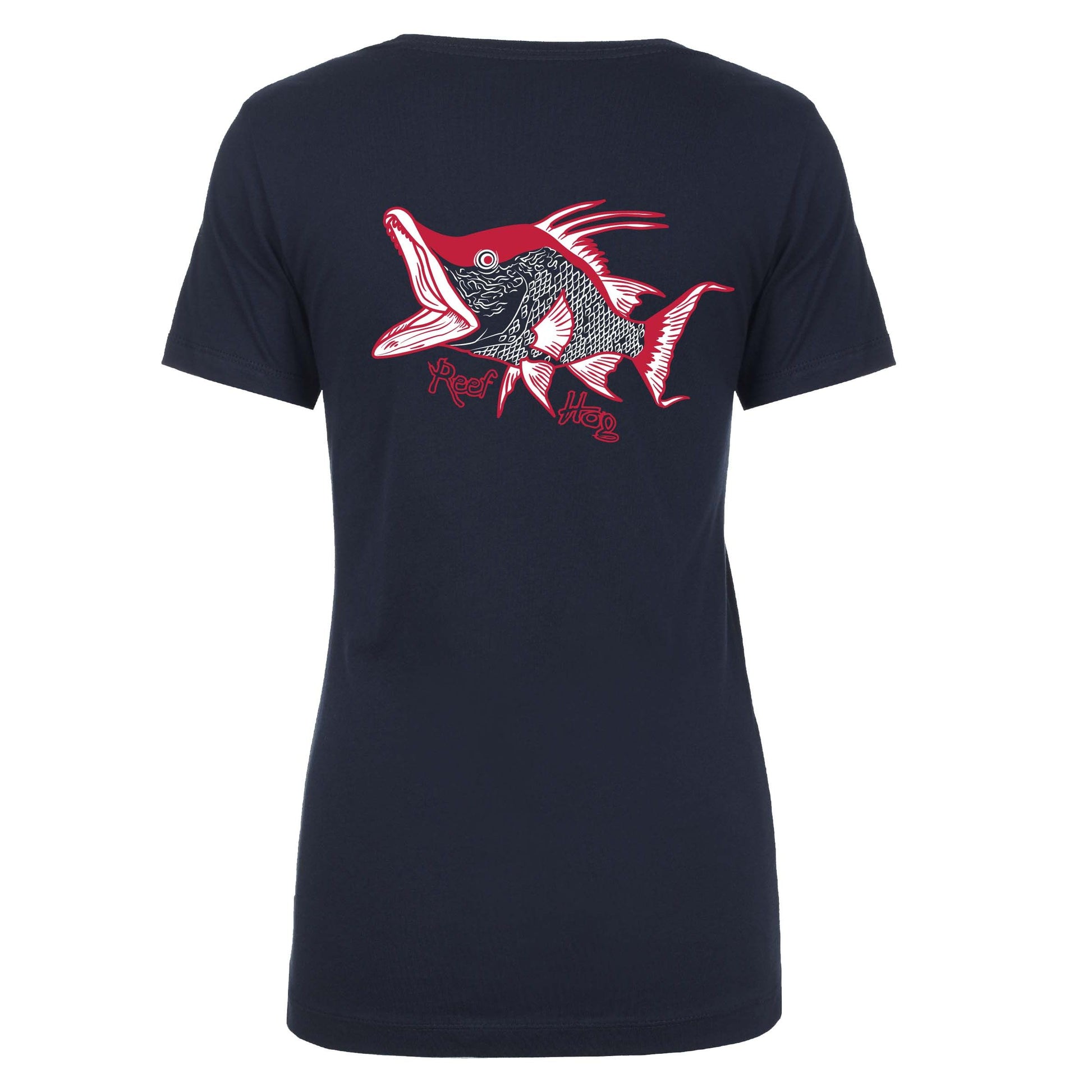 Women's Hogfish "Reef Hog" cotton V-neck short sleeve tees in navy