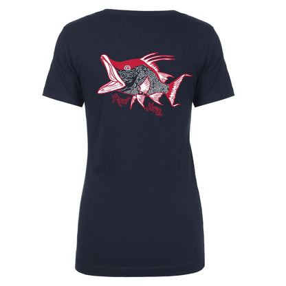 Women's Hogfish "Reef Hog" cotton V-neck short sleeve tees in navy