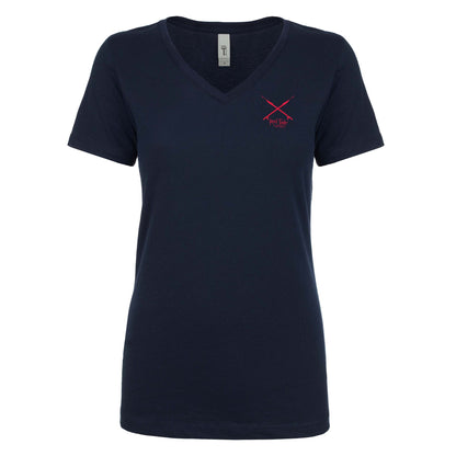 Women's Hogfish "Reef Hog" cotton V-neck short sleeve tees in navy - Spear Guns Reel Fishy Logo on Front