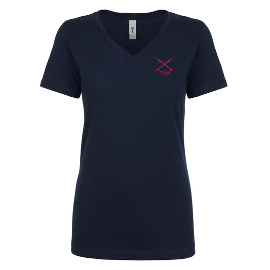Women's Hogfish "Reef Hog" cotton V-neck short sleeve tees in navy - Spear Guns Reel Fishy Logo on Front
