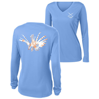 Women's light blue long sleeve performance shirt featuring a Lionfish design and spearfishing logo on the front.