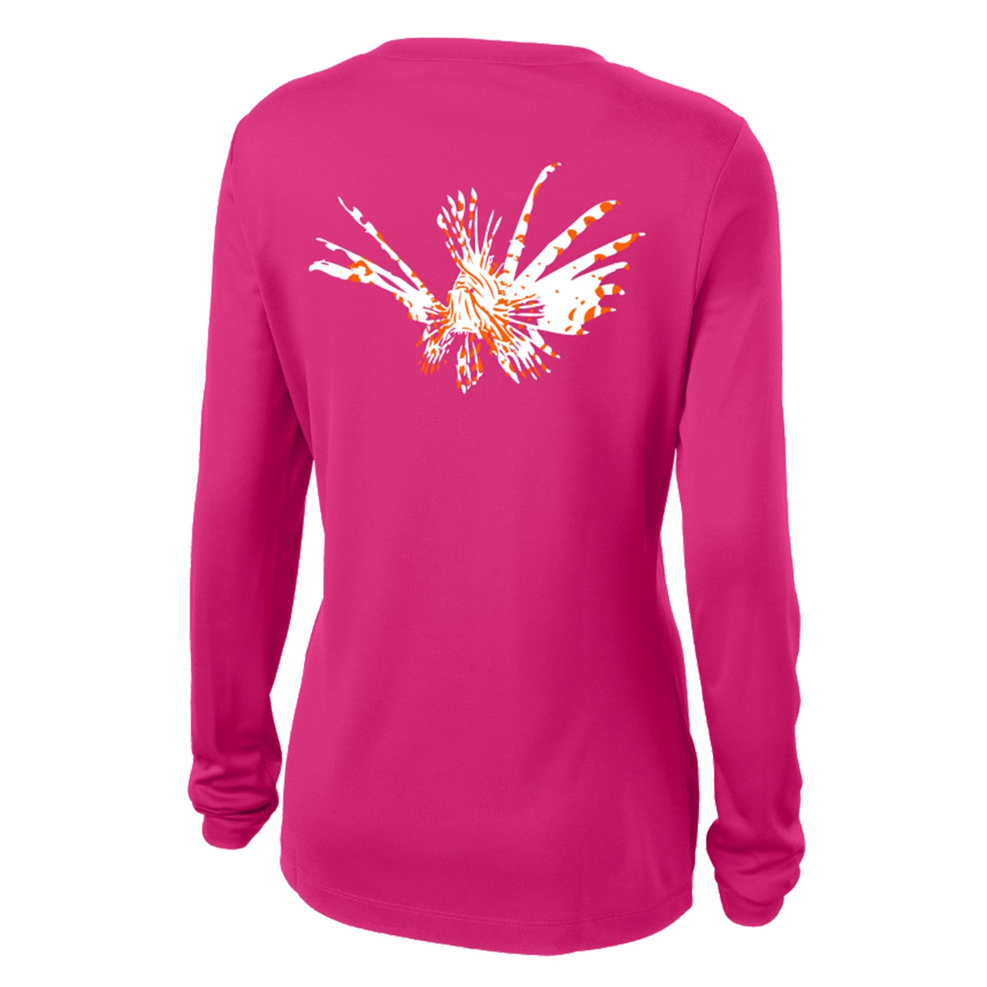Women's pink long sleeve performance shirt featuring a Lionfish design.