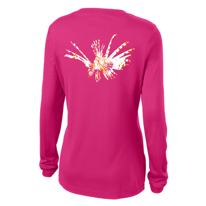 Women's pink long sleeve performance shirt featuring a Lionfish design.