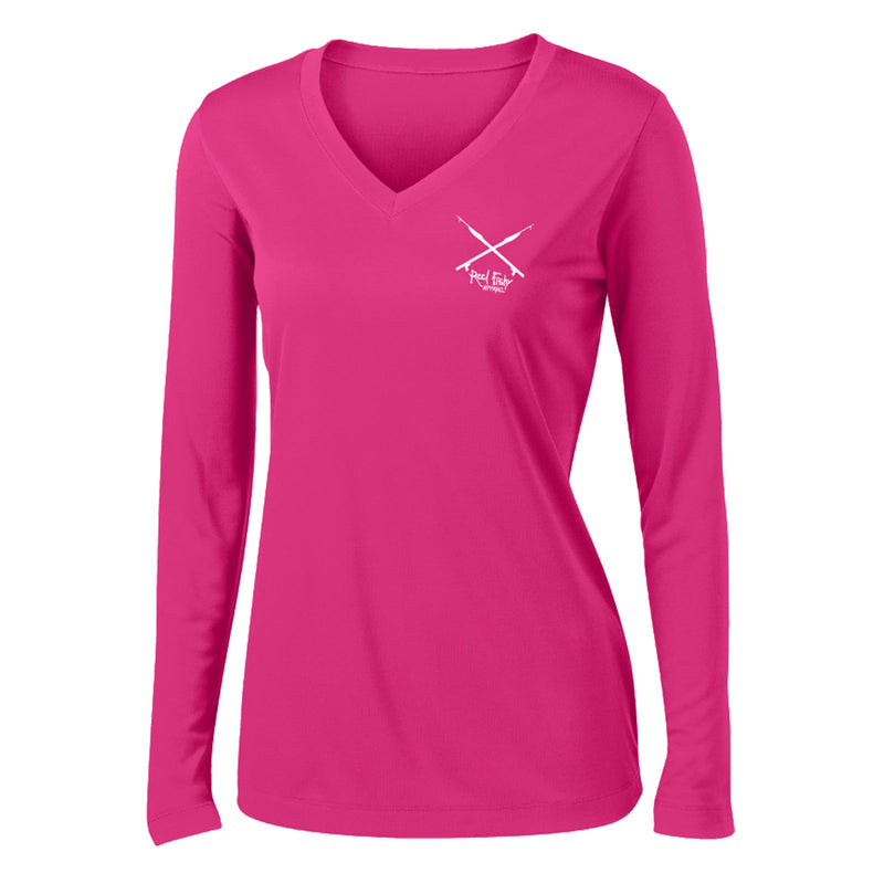 Women's pink long sleeve performance shirt featuring a Lionfish design and spearfishing logo on the front.