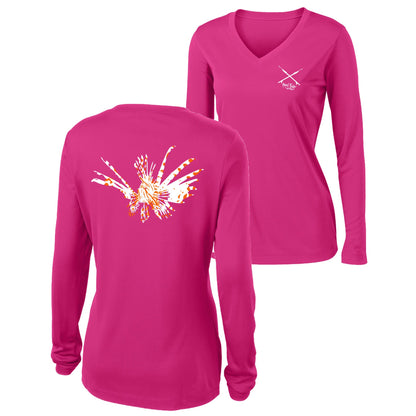 Women's pink long sleeve performance shirt featuring a Lionfish design and spearfishing logo on the front.