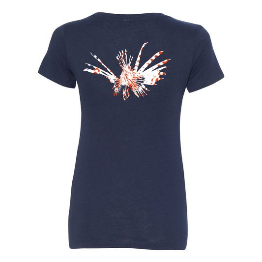Ladies Lionfish Cotton V-neck t-shirt in Navy