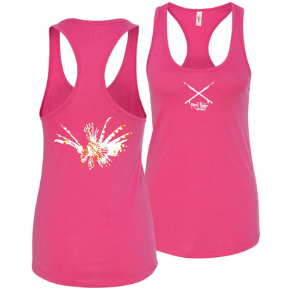 Women’s pink racerback tank with lionfish design and Reel Fishy Spears logo on front