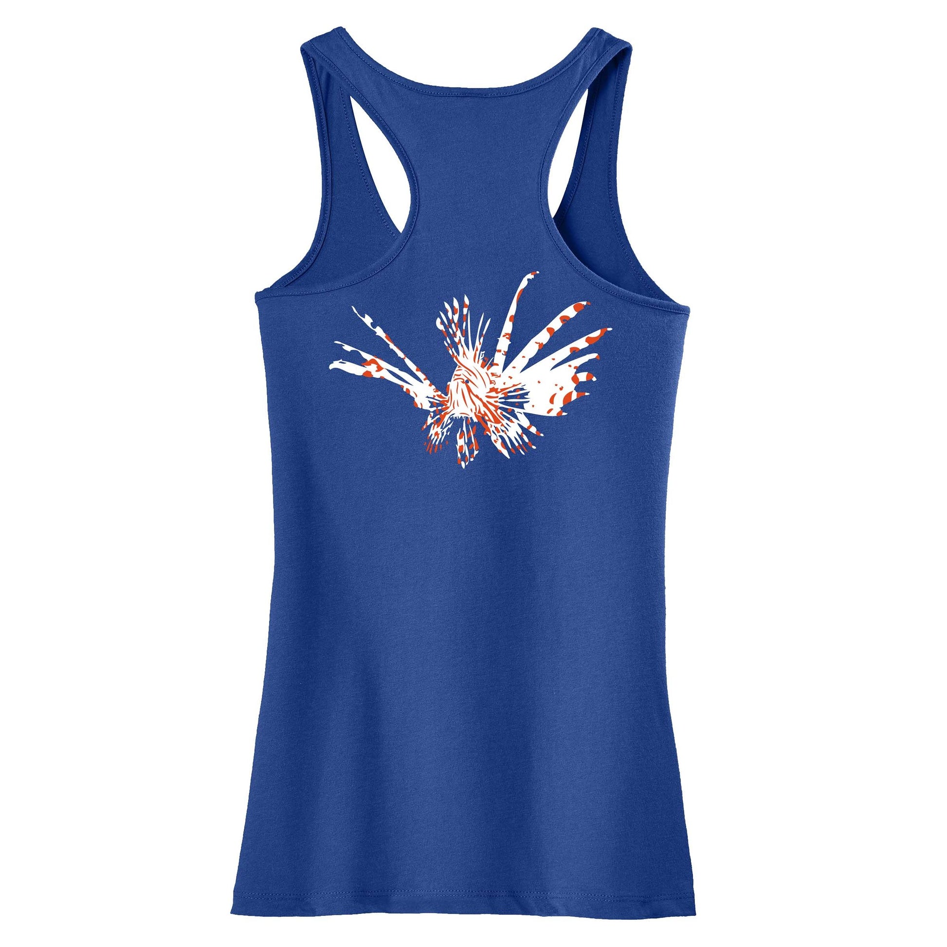 Women’s royal racerback tank with lionfish design and Reel Fishy Spears logo on front