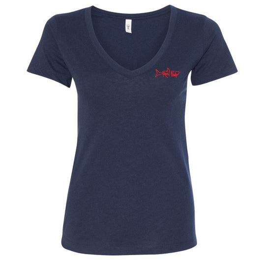 Ladies Lobster V-Neck Tees with "Bug Tickler" Dive Logo in Navy with Reel Fishy Tarpon logo on Front