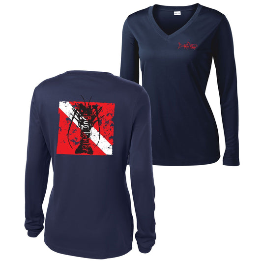 Ladies navy long sleeve V-neck performance fishing shirt with sun protection, "Bug Tickler" lobster dive flag logo on the back and Reel Fishy Tarpon logo on the front.