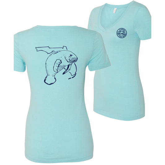 Women’s aqua blue short sleeve cotton V-neck, Florida Manatee design on back, and Reel Fishy logo on front