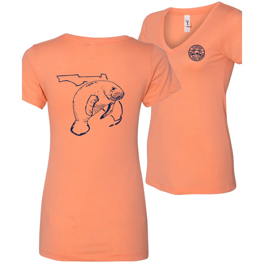Women’s light orange short sleeve cotton V-neck, Florida Manatee design on back, and Reel Fishy logo on front