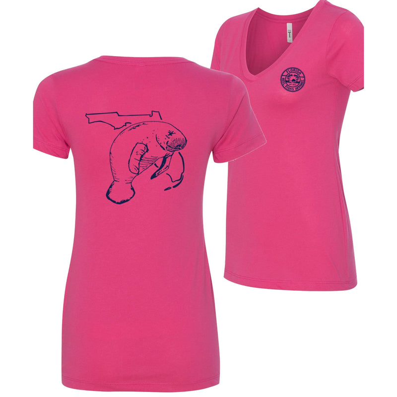 Women’s pink short sleeve cotton V-neck, Florida Manatee design on back, and Reel Fishy logo on front