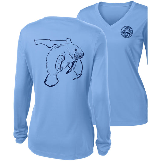 Women’s light blue long sleeve performance sun shirt, V-neck, Florida Manatee design on back, and Reel Fishy logo on front